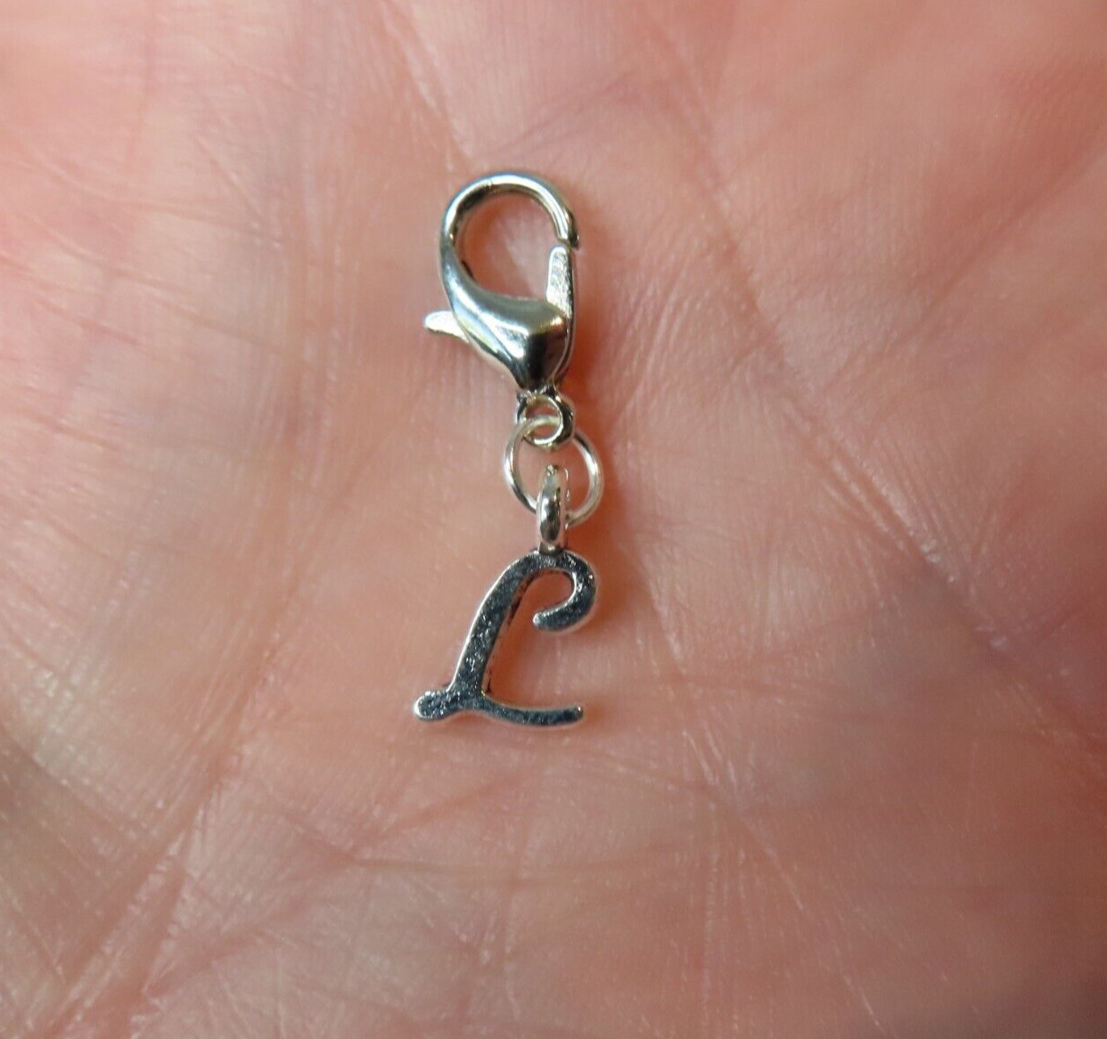 Initial CURSIVE LETTER L Charm Zipper Pull Keychain Add On Clip Silver Tone