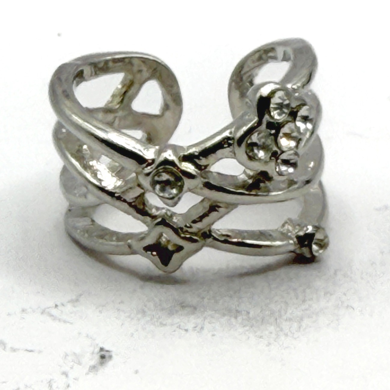 Silver Tone Wrap Ring Size 8 Floral Cluster Clear Rhinestone Band