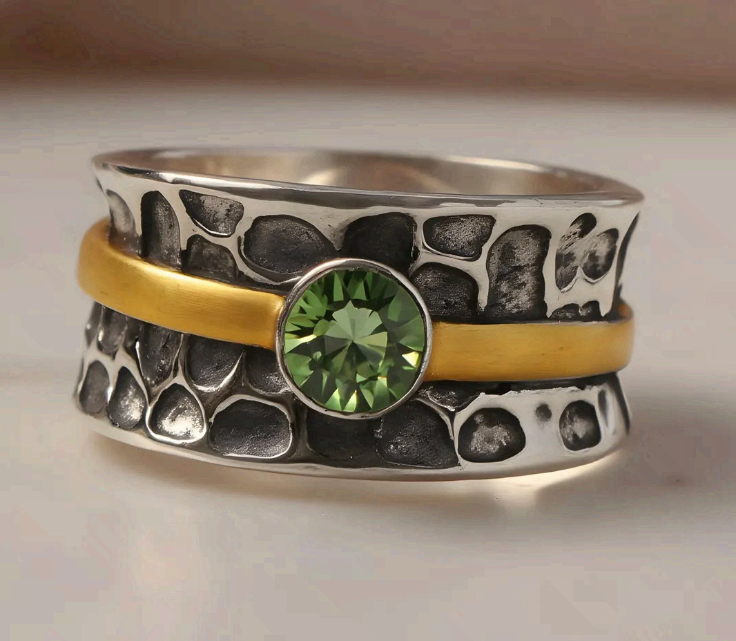 Surgical Steel Ring Green Zirconia Two Tone Gold Band