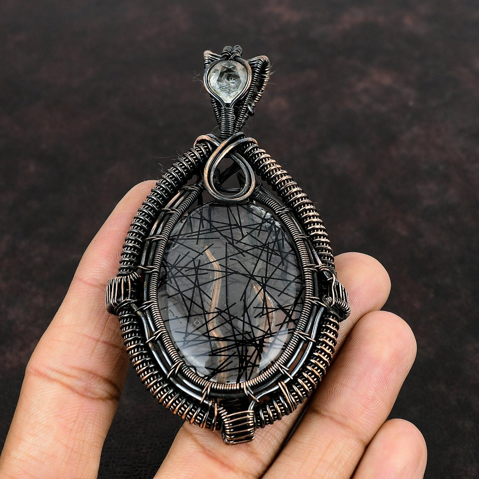Black Rutile Jewelry Copper Gift For Bridesmaid Wire Wrapped Pendant 3.94″