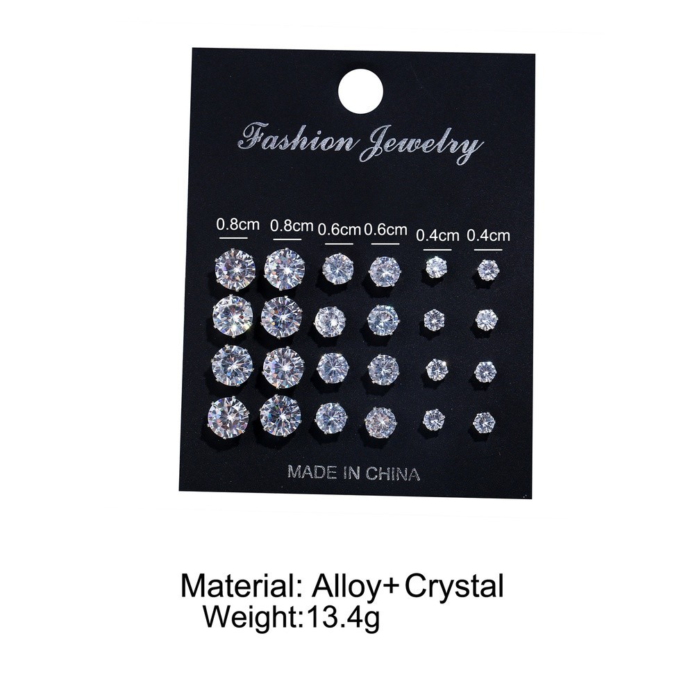 12 Pairs Round Six Prong Zircon Stud Earrings Silver Alloy for Work Events
