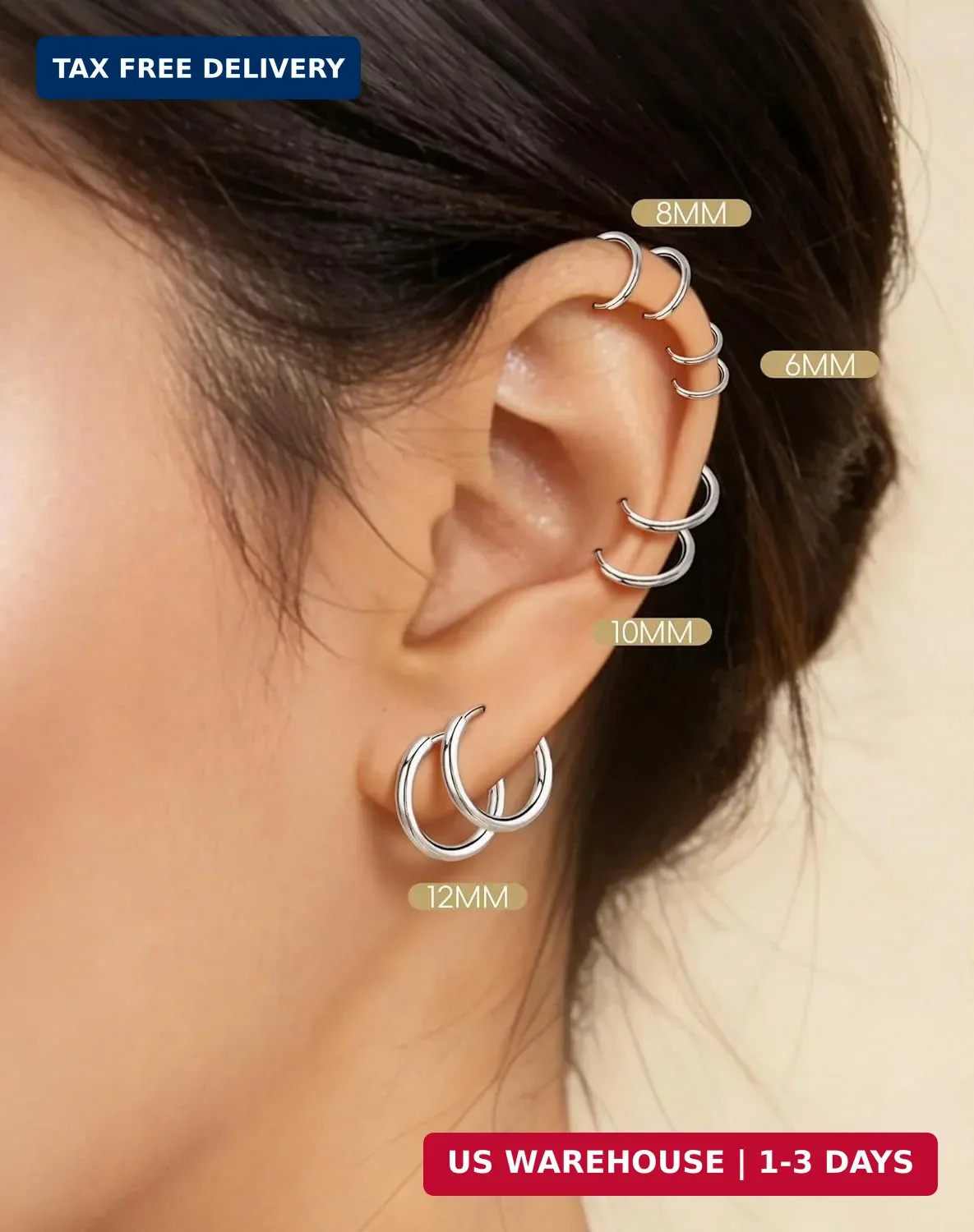 Small Huggie Hoop Earrings for 6mm, 8mm, 10mm, 12mm, Silver -6/8/10/12mm