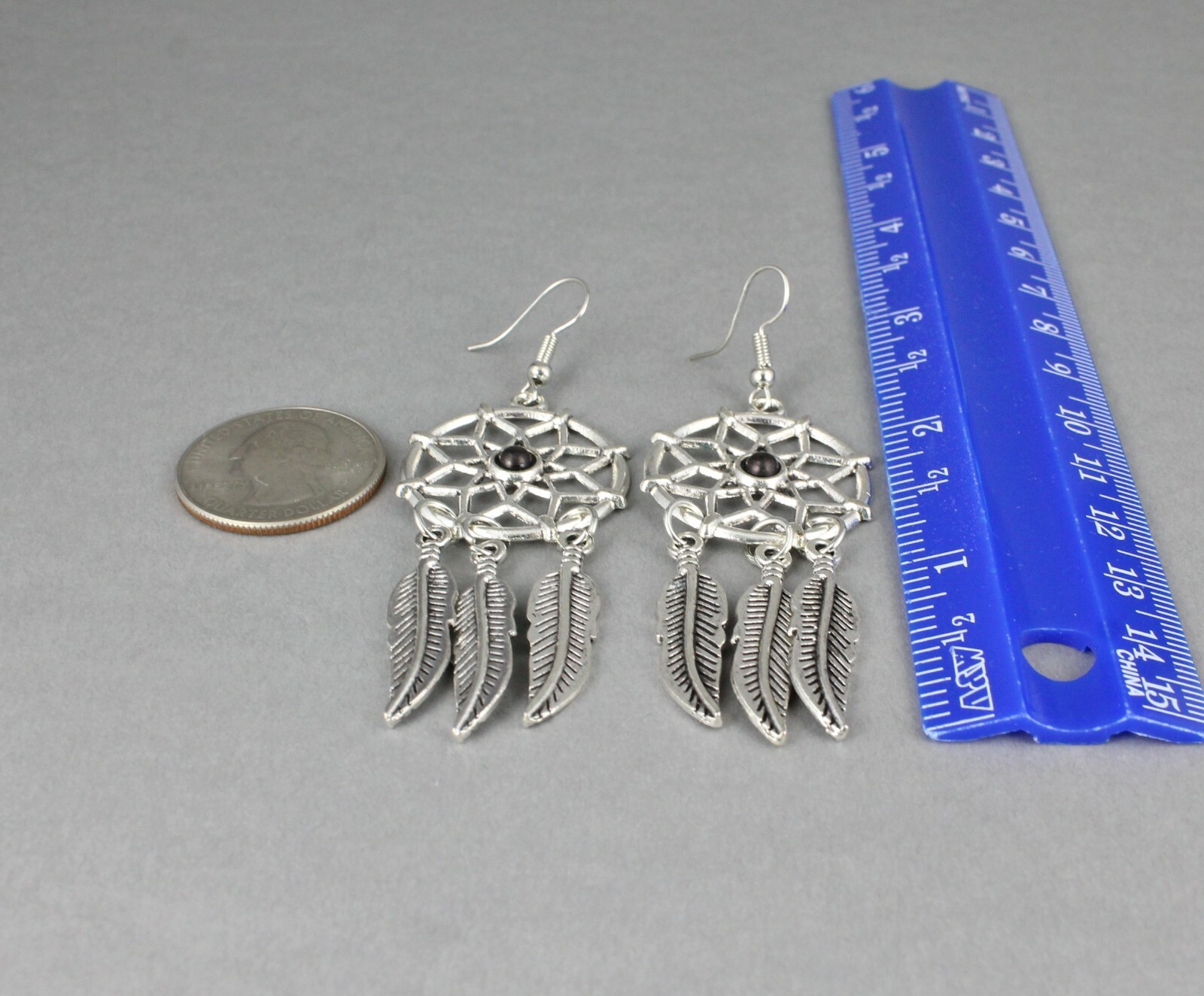 Silver dream catcher earrings dangle feather black bead lightweight 3″ long