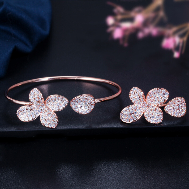 Rose Gold Plated Flower Cuff Bangle Bracelet and Ring Women CZ Party Jewelry Set