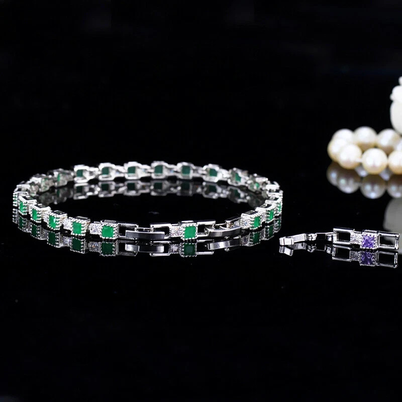 10ct Princess Cut Simulated Emerald Women Tennis Bracelet 14k White Gold Plated