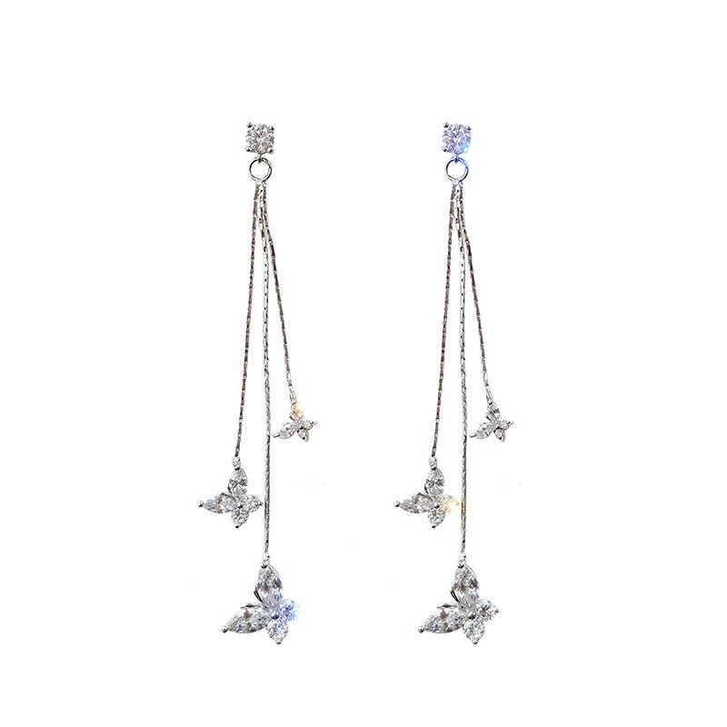 925 Sterling Silver New Fashion Butterfly White Topaz Dangle Drop Stud Earrings