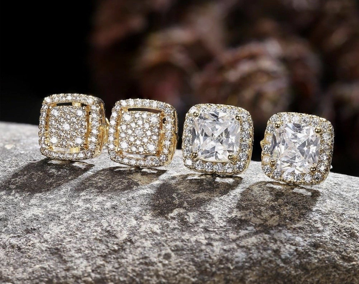 Gold Plated Square Simulated Diamond Halo Stud Earrings. 2 Sets for one price!