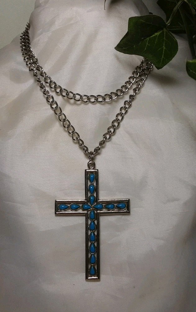 Necklace Silver Tone Blue Faux Turquoise Cabochon Cross Pendant Chain 28 in Nice