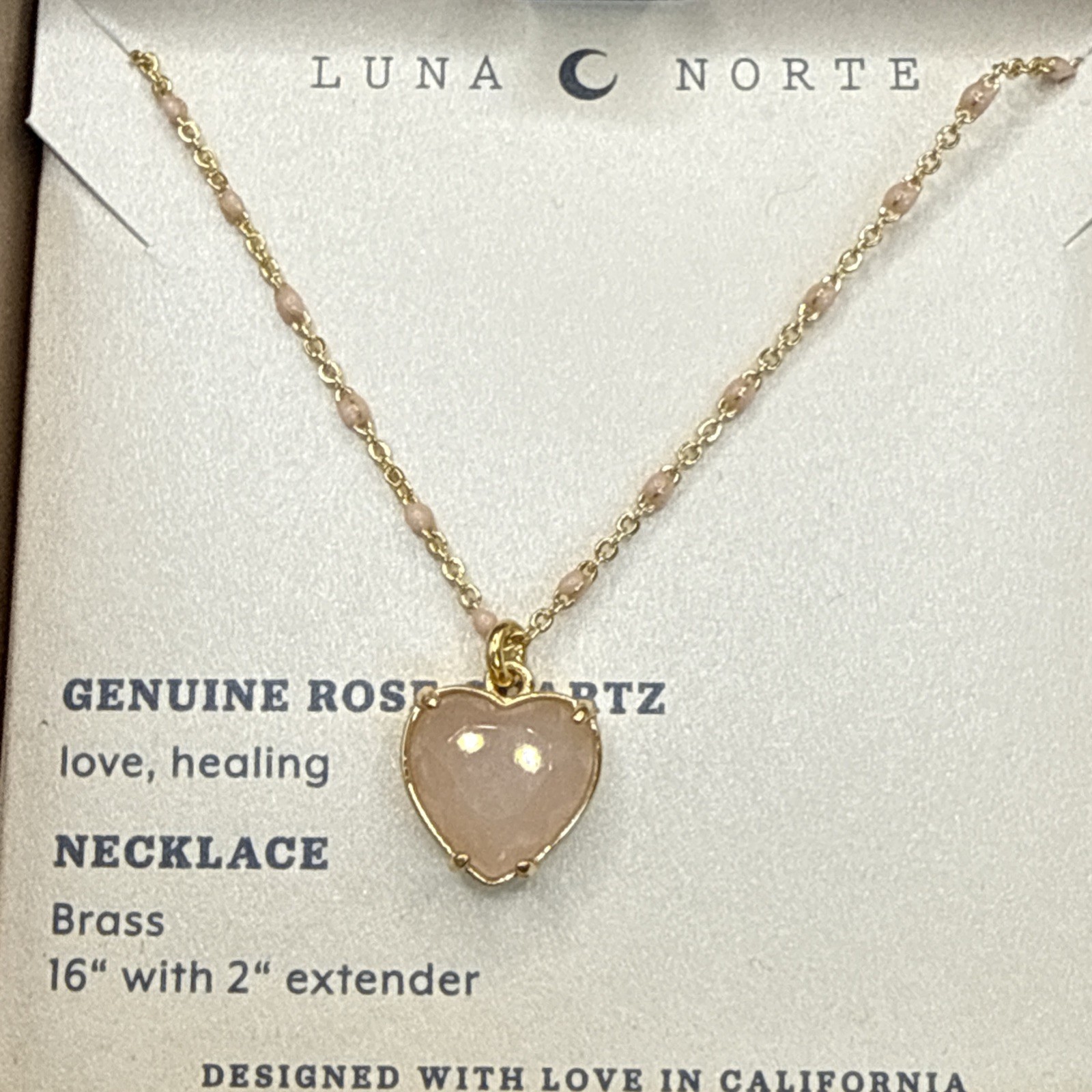 Luna Norte Genuine Rose Quartz “Heart Of Gold” Pendant Necklace 16” +2” BNIB