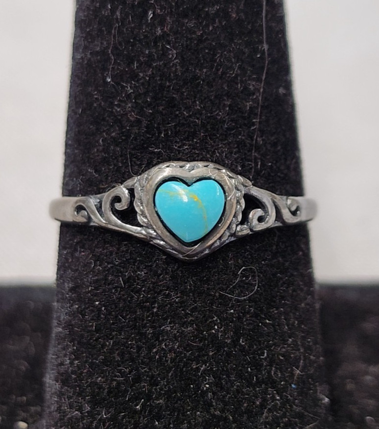 Sac Silver Simulated Turquoise Heart Ring sz 8 Sterling Silver