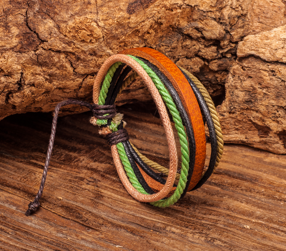 M02 Multi Band Surfer Cotton Hemp Leather Mens Unisex Wrap Bracelet Wristband