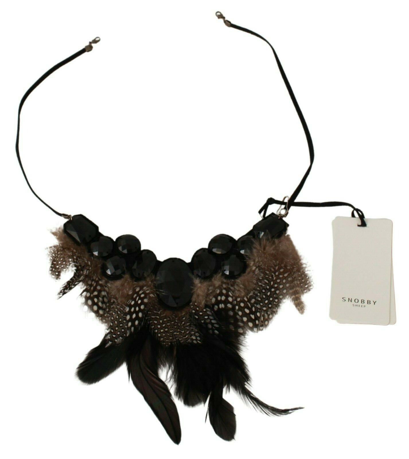 SNOBBY SHEEP Necklace Black Stone Brown Real Feather Statement RRP $180
