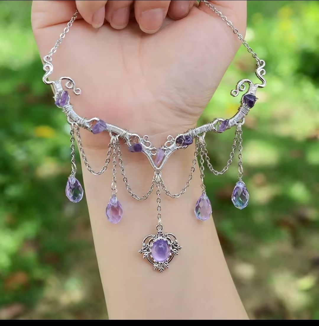 Silver Tone Teardrop Amethyst Dangle Charm Pendant Cable Chain Necklace