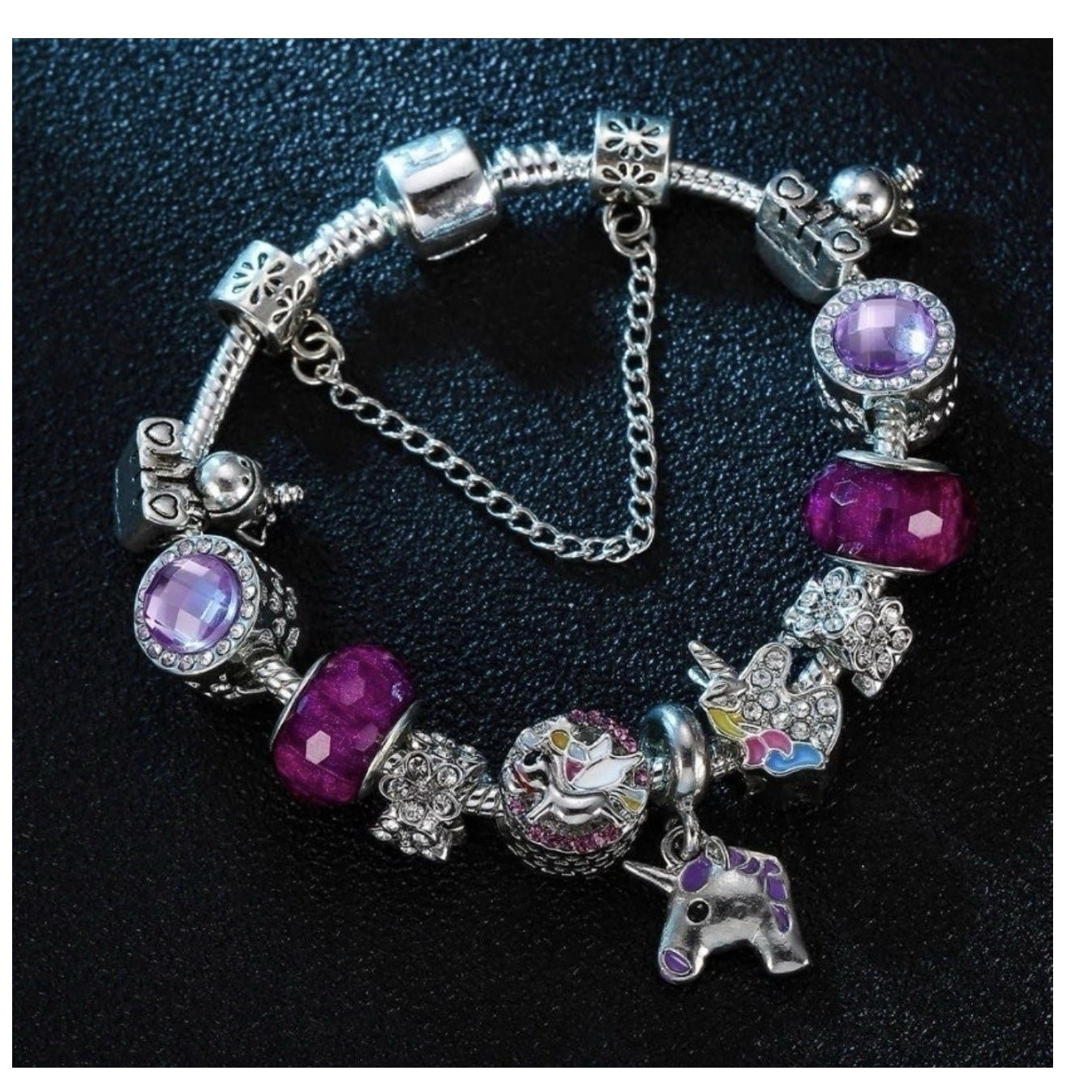 Purple Beaded Charm Bracelet Adjustable Snake Chain Unicorn Dangle Fantasy