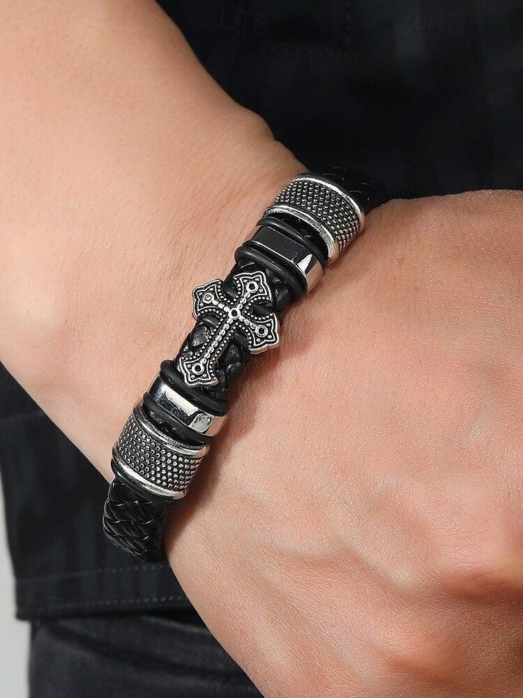 Men Women Stainless Steel Cross Black Braided Leather Bracelet Christian Bangle