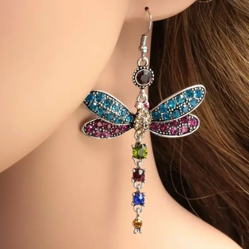 Multicolor Rainbow Dragonfly Colorful Dangle Earrings Silver Tone, Radiant