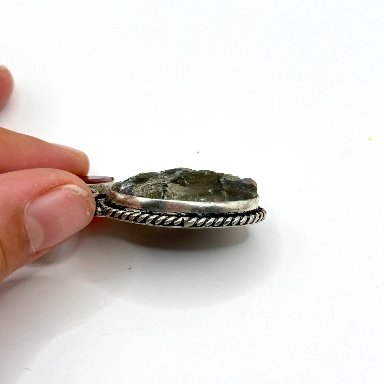Vintage Rough Labradorite Garnet Gemstone Pendant Sterling Silver 925 Charm Blue