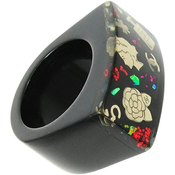 CHANEL Coco Mark Ring Logo Plastic Black Vintage Icon Camellia No.5 Women