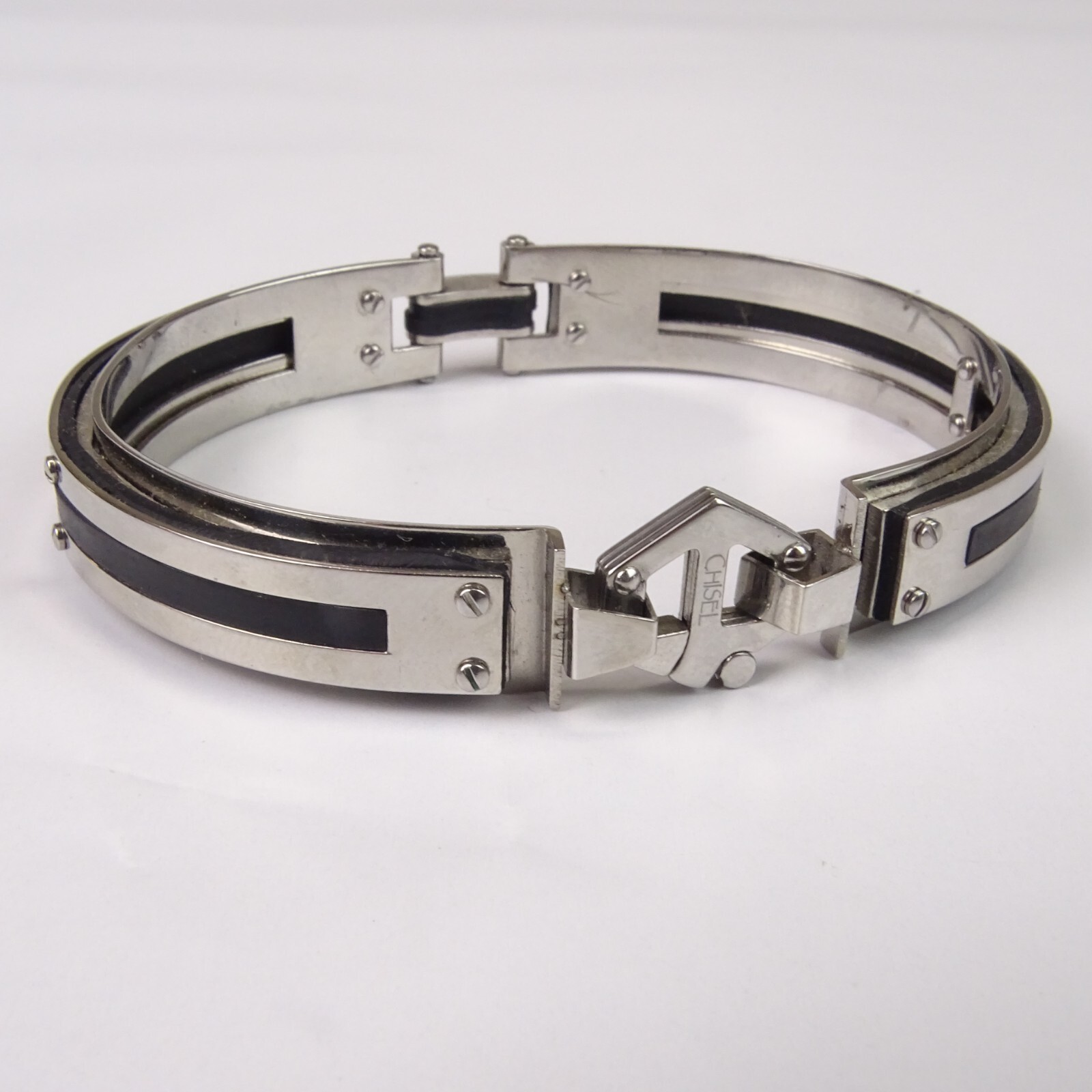 Chisel Bracelet Stainless Steel 7 1/2in Black Rubber Hinged Bangle
