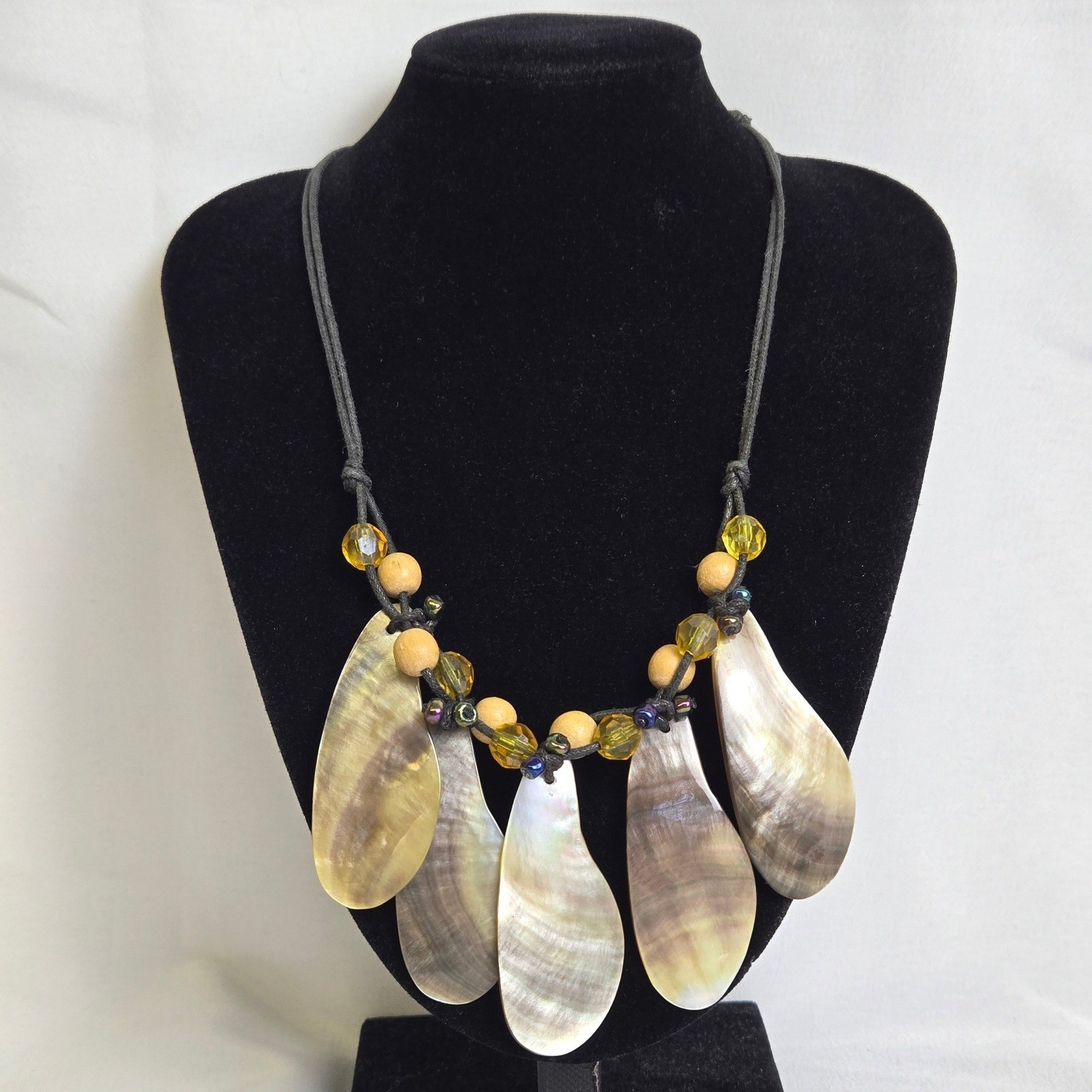 Bohemian Beachy Bib Necklace, Iridescent Pendants Beaded Cord