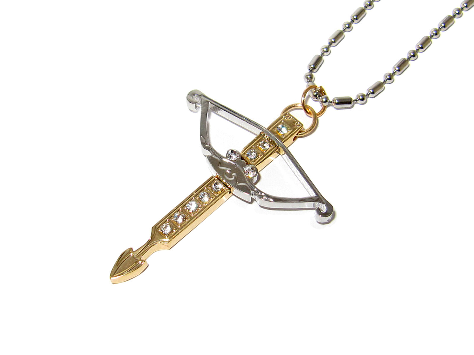 FANCY BEJEWELED GOLD AND SILVER PLATED CROSSBOW PENDANT NECKLACE ARCHERY SPORTS