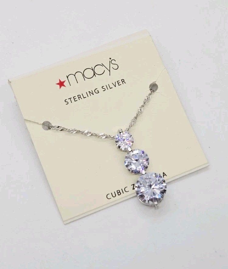 Sterling Silver 925 Pendant Necklace 3 Round Cubic Zirconia Stone Drop CZ 17 in
