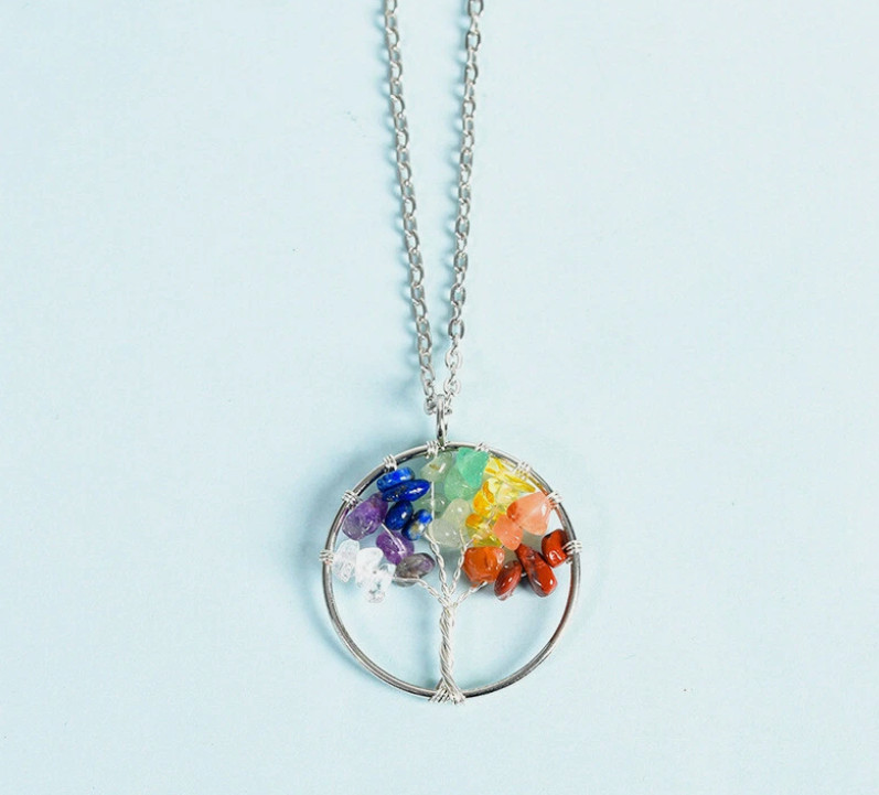 Tree of Life Chakra Healing Crystal Natural Gemstone Pendant Necklace – 12″