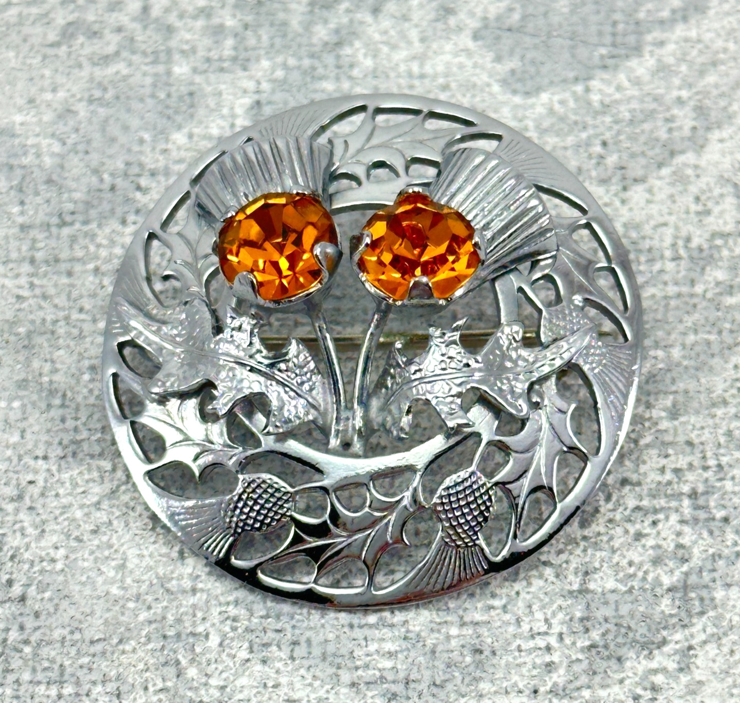 Brooch Round Mizpah Scottish Thistle Brooch Orange Glass Rhinestones Silver Tone