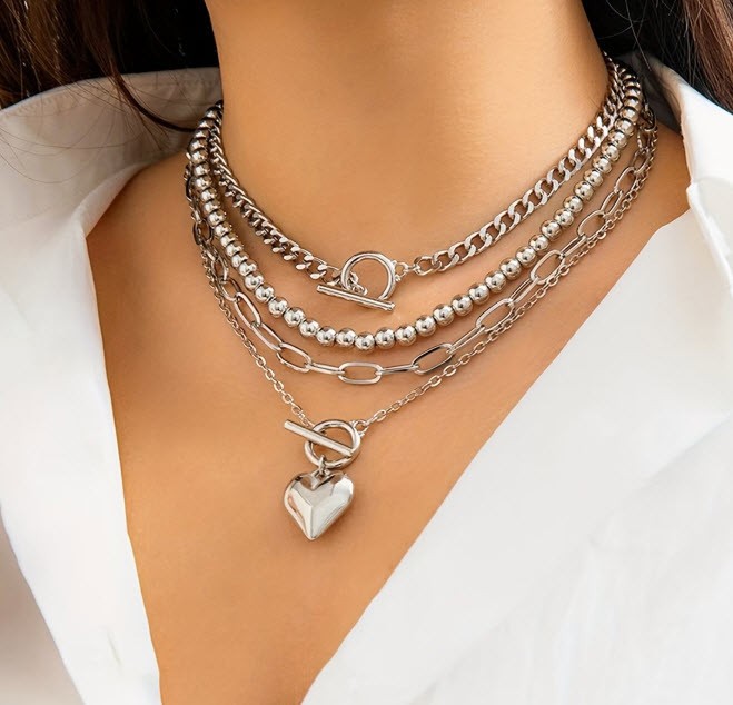 BRIGHTON BEACH 4pcs Geometric Beaded OT Clasp Heart Necklace