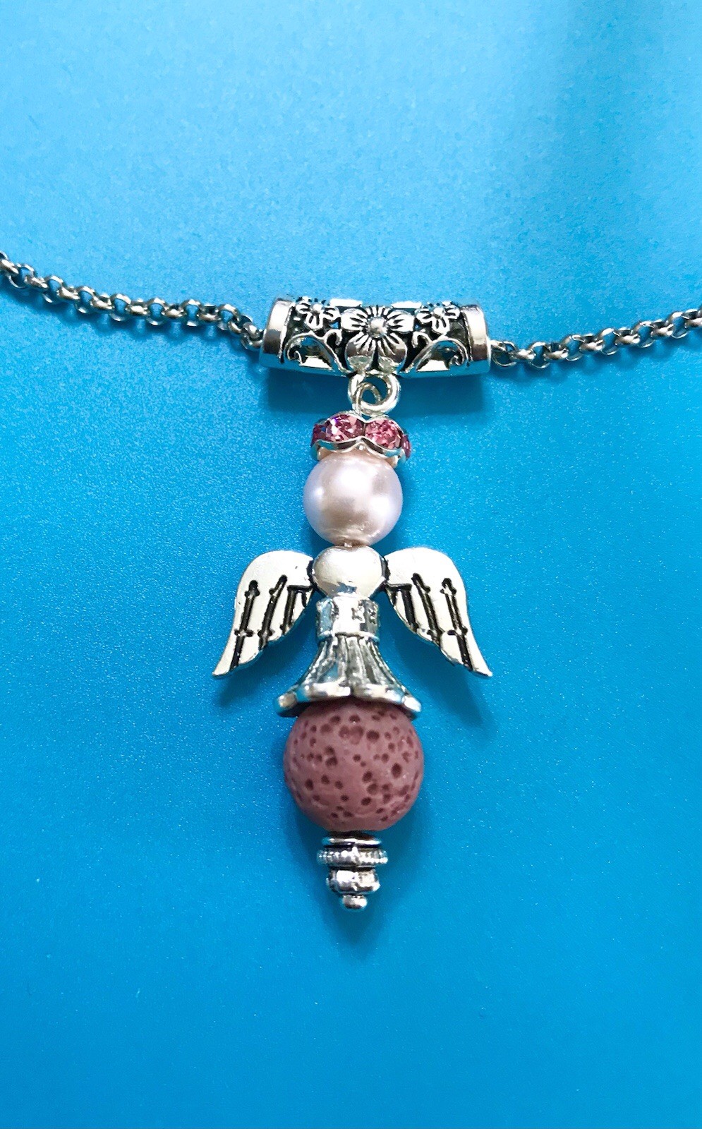 Handmade Diffuser Angel Wing Mauve Lava Bead Pink Glass Pearl Pendant Rolo Chain
