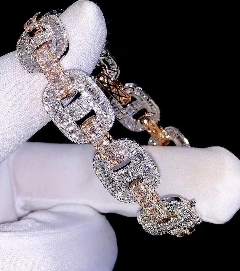 7 Ct Baguette Cut Simulated Diamond Cuban Link Bracelet 14K Two-Tone Gold Plated