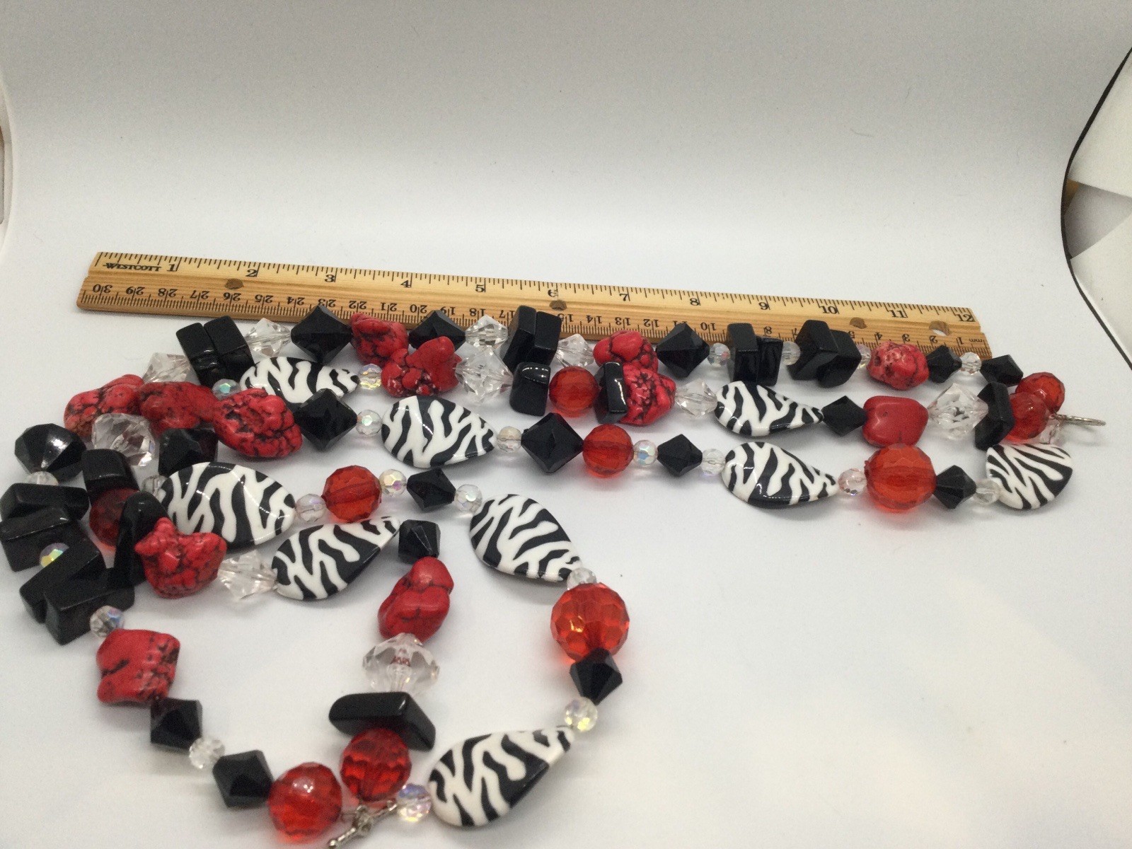 Chunky Zebra Beads And Red Dyed Howlite 3 Strand Necklace