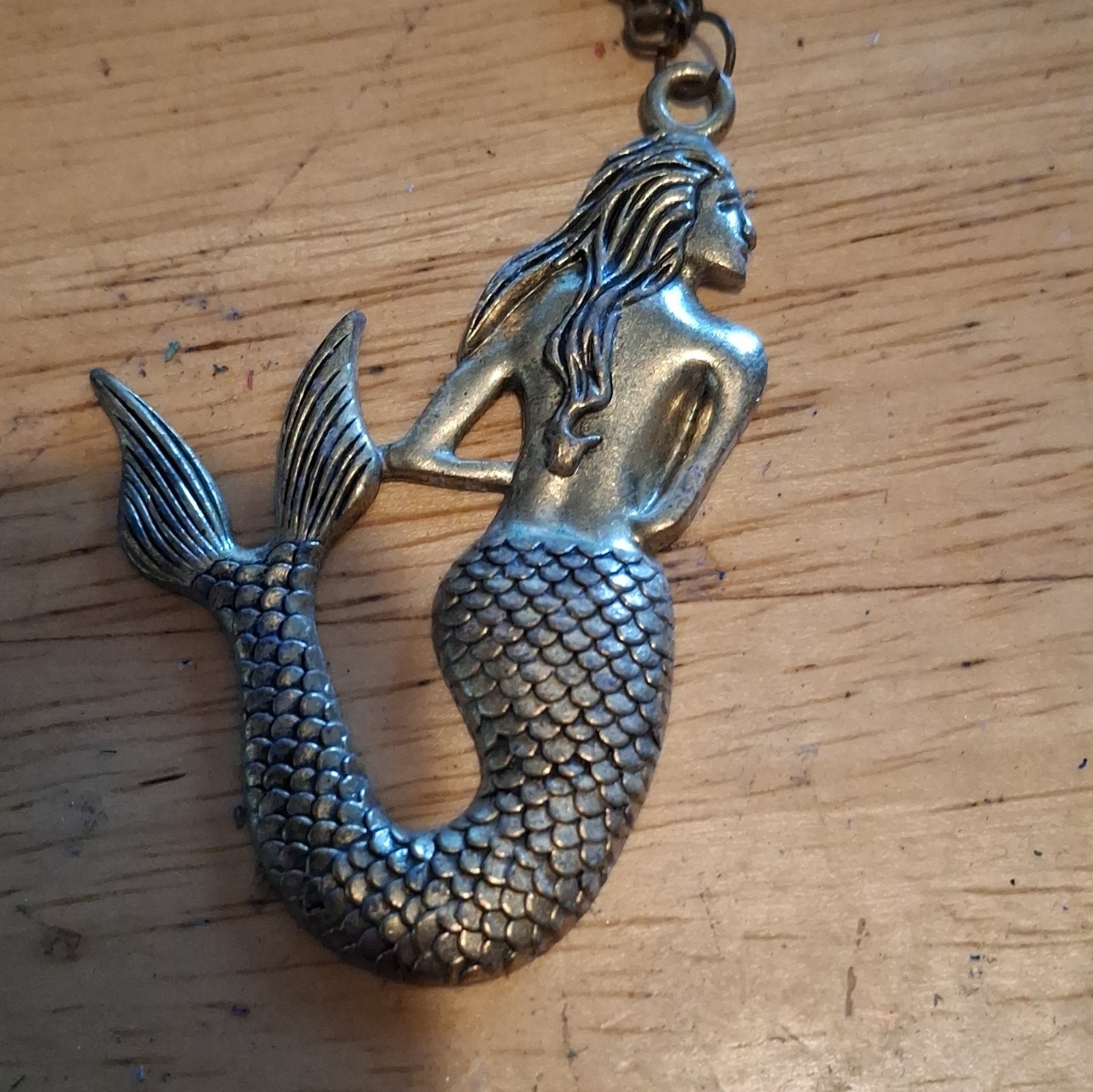 Silver Metal Mermaid Charm Pendant Necklace w/ Cable Chain, No Gemstones