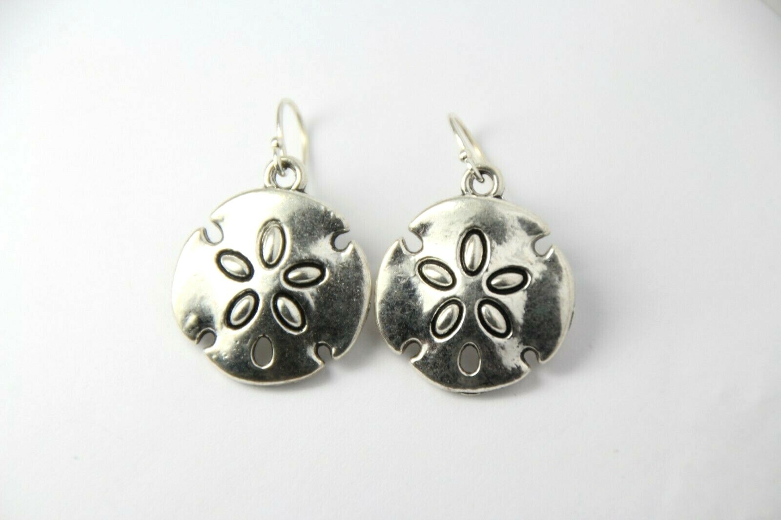 Sand Dollar Beach Charm Earrings .925 sterling silver Hooks pewter Charms 1 1/4″