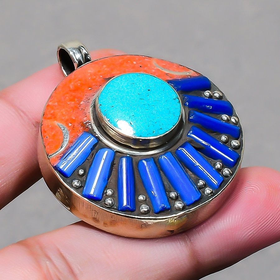 Turquoise Coral Lapis Lazuli Pendant Bahamas Tibetan Nepali Jewelry 1.7″ NP 2463