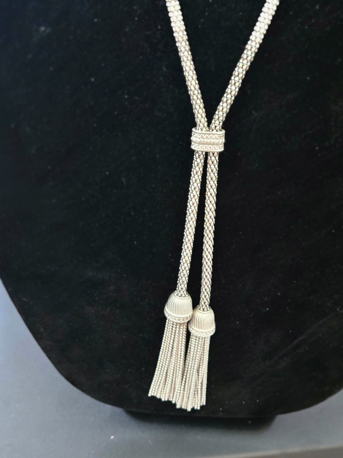 Judith Ripka Verona Sterling Silver CZ Tassel Lariat Necklace 22″ 61.gram