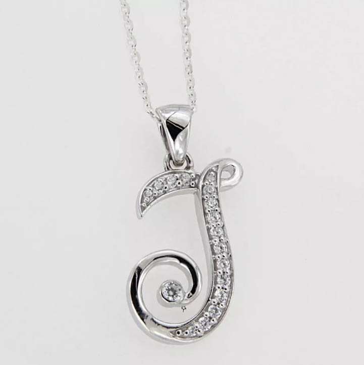 0.34Ct Round CuDiamond Initial Letter-J Pendant 14K White Gold Finish Free Chain