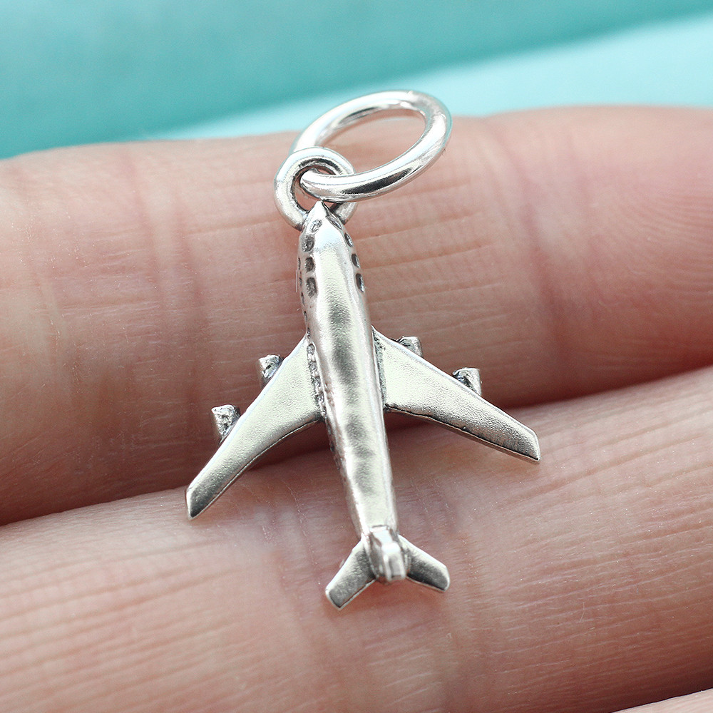 Airplane Charm Pendant 925 Sterling Silver Airliner Passenger Plane For Necklace