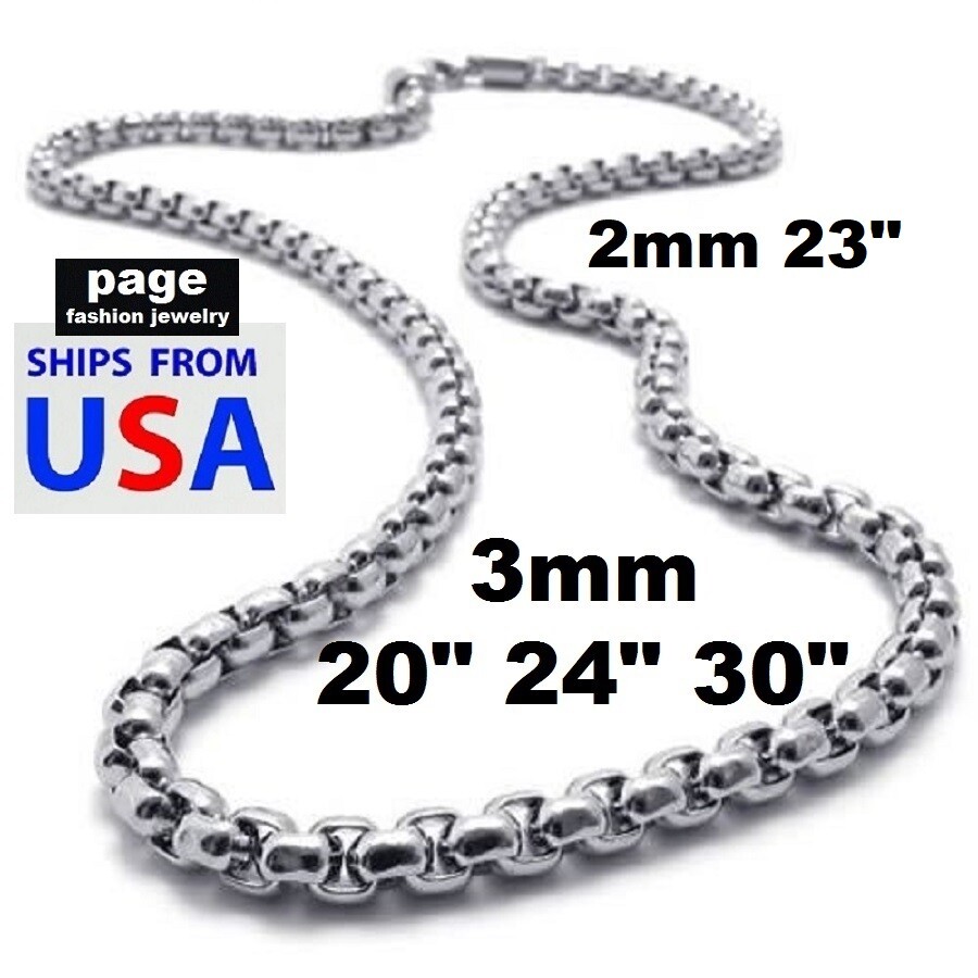 Silver Stainless Steel Strong 2/3mm Rounded Rolo Box Chain 20″ 24″ 30″ Necklace