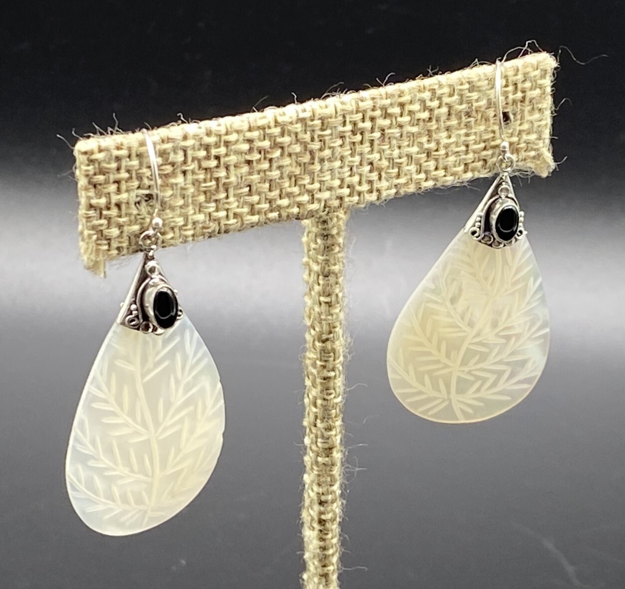 SAMUEL B.-Sterling Silver Onyx Floral Etched MOP Teardrop Dangle Earrings