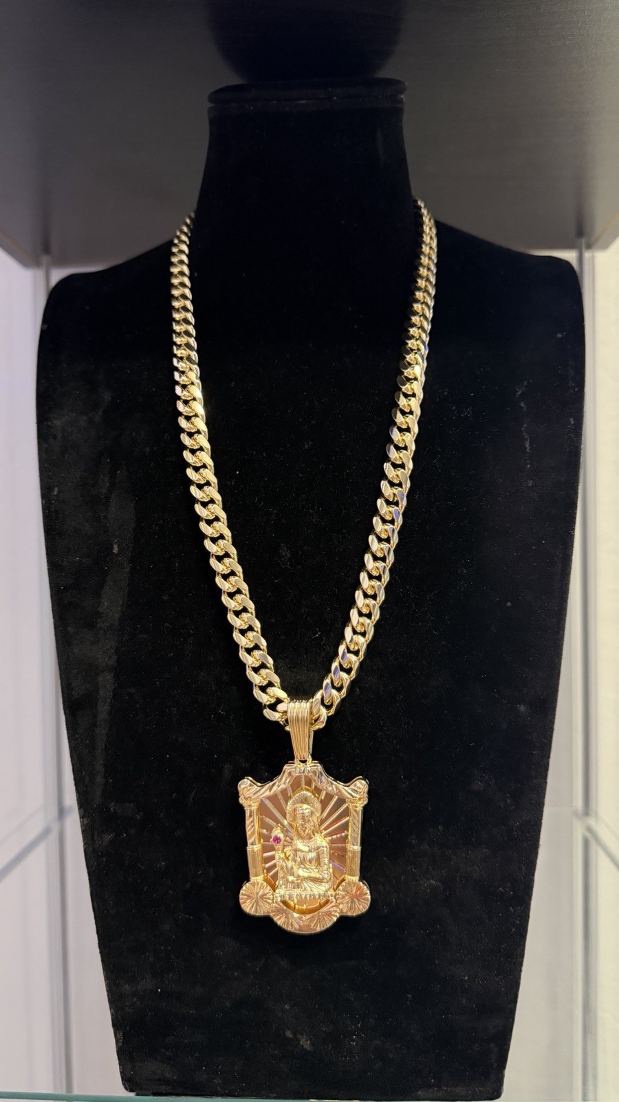Yellow Gold Plated Cuban Link Necklace w/ Religious Medal Pendant