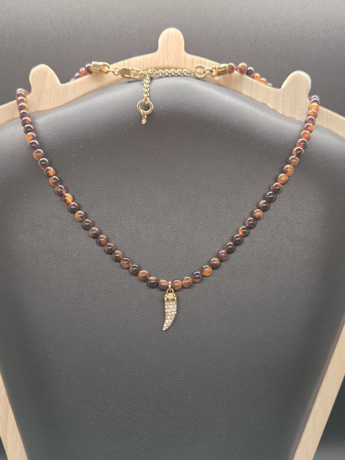 BaubleBar Tiger’s Eye Beaded Necklace Gold Tone Pavé Horn Crescent Pendant 18″