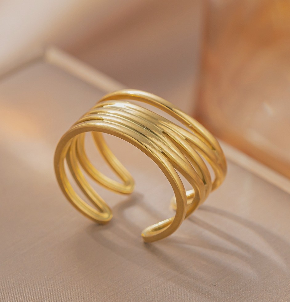 Concise Gilded Multi Layer Lines Stacking Irregular Winding Adjustable Open Ring
