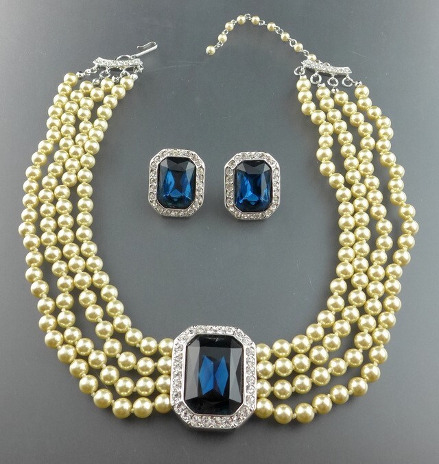 KENNETH JAY LANE KJL PRINCESS DIANA PEARL SAPPHIRE CRYSTAL NECKLACE/EARRINGS SET