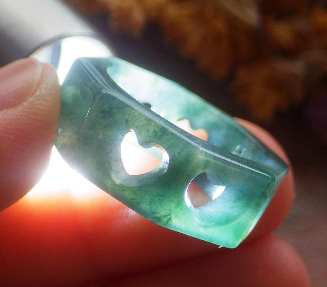 Video Certified Green A Jadeite Jade Heart Round Circle Ring NO. 5.5 # 420083 TS