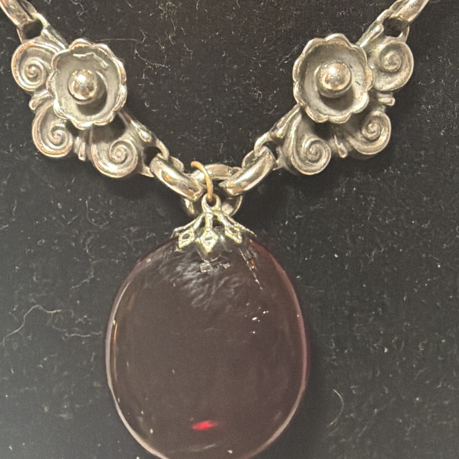 Vintage Signed Barclay Silver-Tone Floral Link Necklace Ruby Red Glass Pendant
