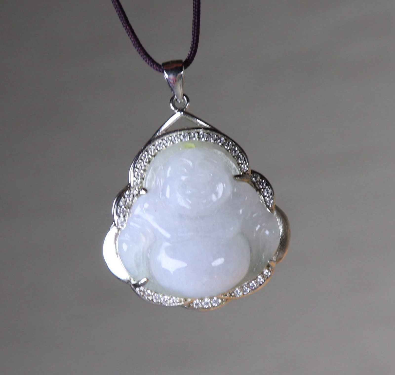 Certified 925 Silver Inlay Green Natural A jadeite Maitreya Buddha Pendant 32531