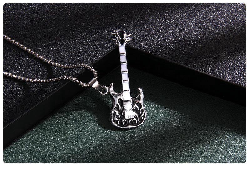 Fashion Vintage Hip Hop Punk Titanium Stainless Steel Guitar Music Necklace