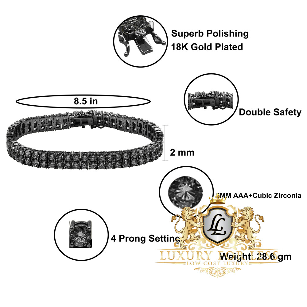 High Quality AAA+ Grade Simulated Diamond Black Gold Tone 2 Row Bracelet Unisex