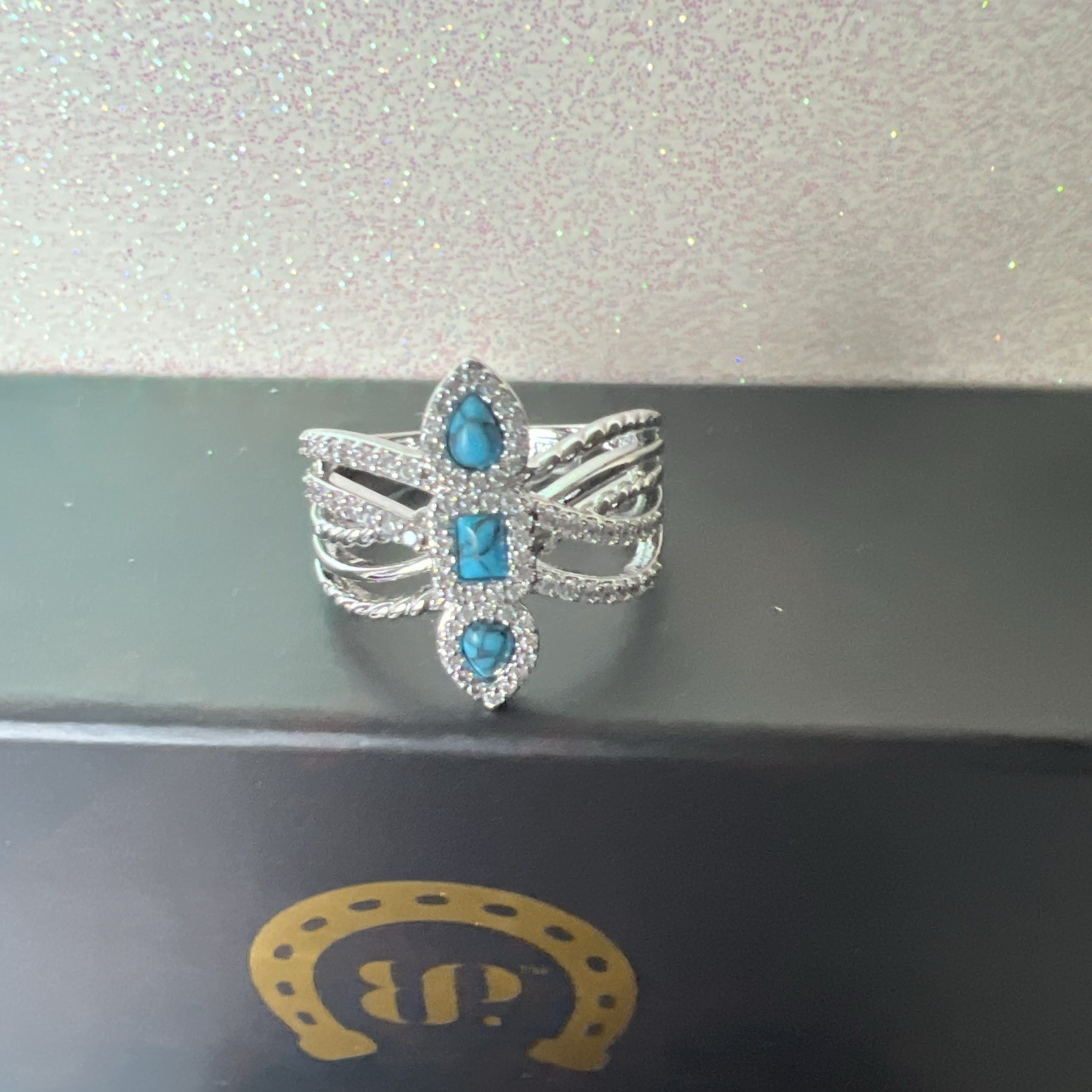 Bomb Party Outlaw Ring size 7 “Iron Lasso” Turquoise Magnesite Rhodium plating